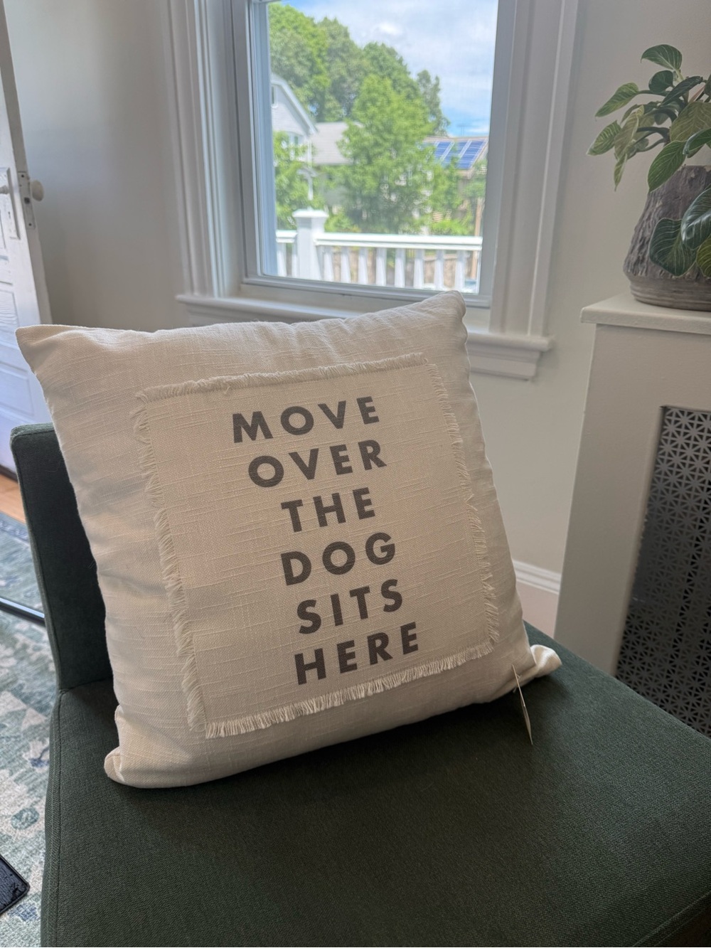 Simplicity Cream Pillow with Gray Text 'Move Over The Dog Sits Here'
